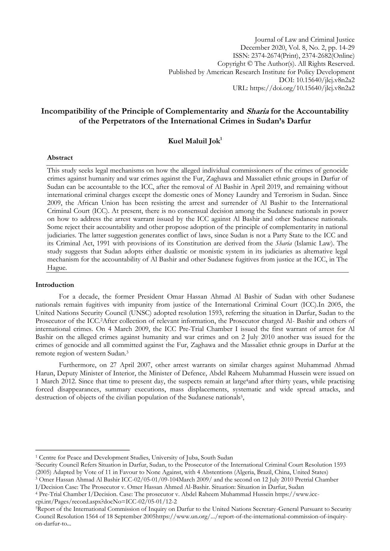 First page of the 2020 article in the Journal of Law and Criminal Justice, showing the title, the author's name and the abstract